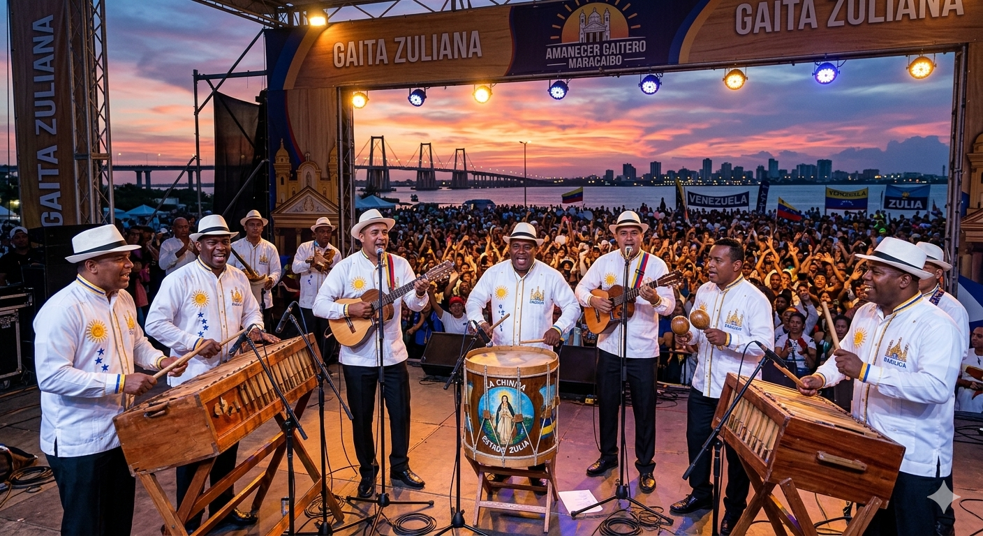 Grupo de gaiteros zulianos tocando furruco cuatro y tambora durante un amanecer gaitero en Maracaibo