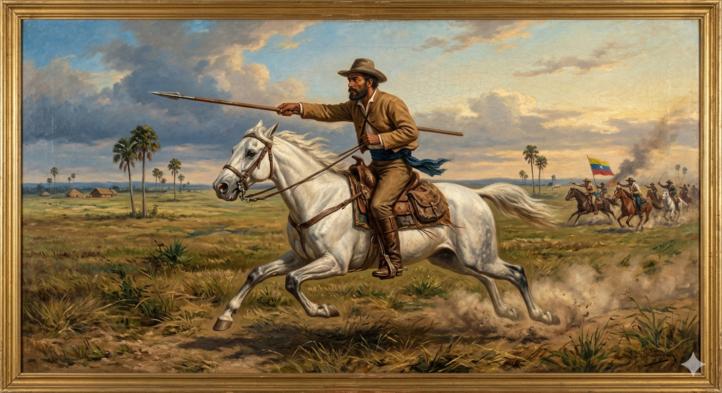 Retrato ecuestre de José Antonio Páez con lanza en mano, representando al Centauro de los Llanos en las sabanas de Apure