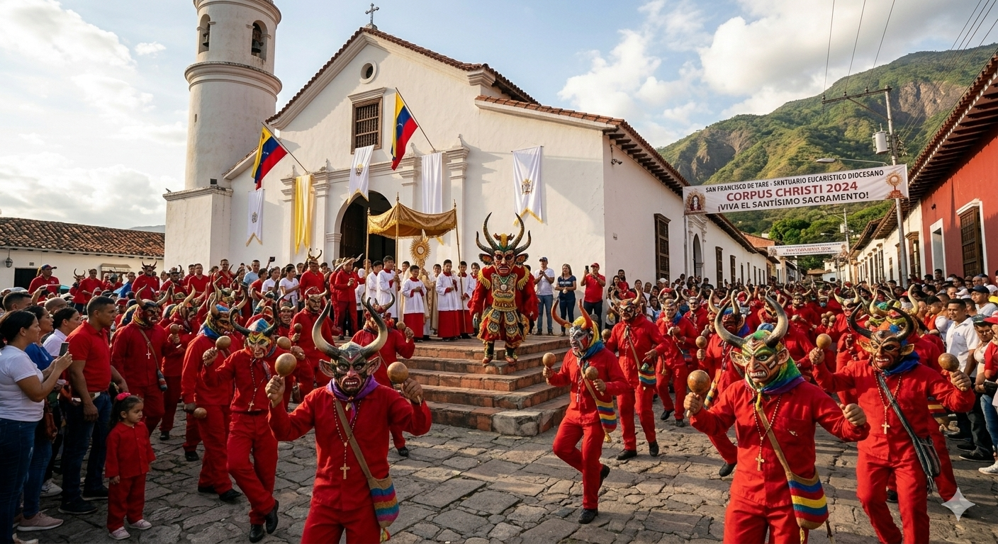 Diablos Danzantes de Yare vestidos de rojo con máscaras de cuernos danzando frente a la iglesia de San Francisco de Yare durante Corpus Christi