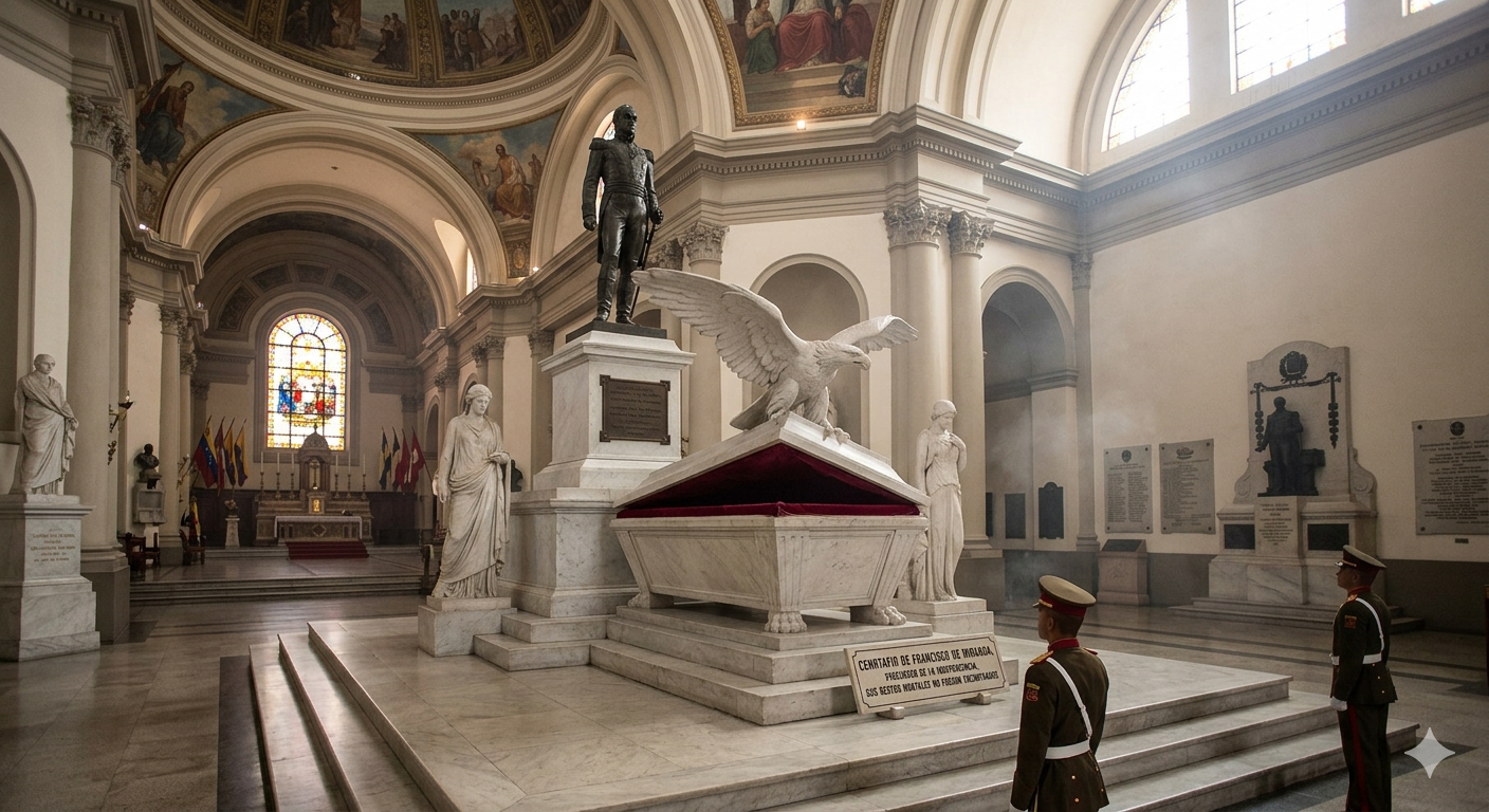 Cenotafio de Francisco de Miranda en el Panteón Nacional de Caracas, con el sarcófago abierto custodiado por un águila de mármol