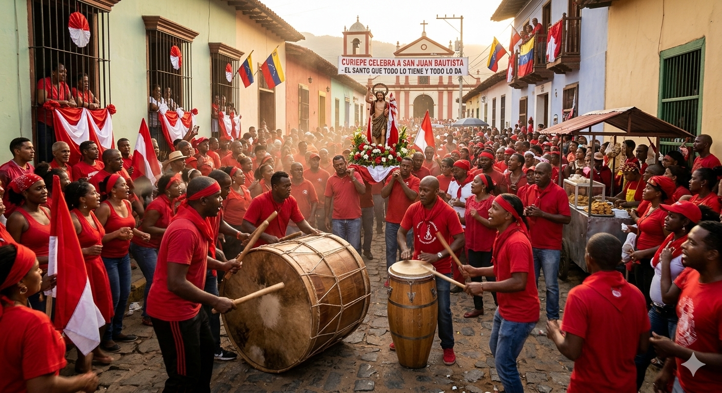 Tambores mina y curbata sonando en las calles de Curiepe durante la celebración de San Juan Bautista con devotos vestidos de rojo