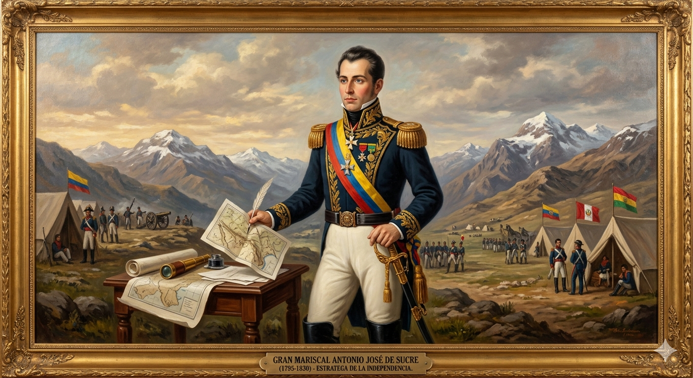 Retrato del Gran Mariscal Antonio José de Sucre con uniforme militar, representando al joven estratega de la independencia sudamericana