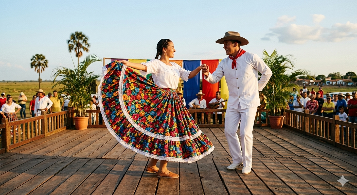 Pareja bailando joropo llanero con traje típico, la mujer con falda floreada y el hombre con liquiliqui, sobre un escenario de madera