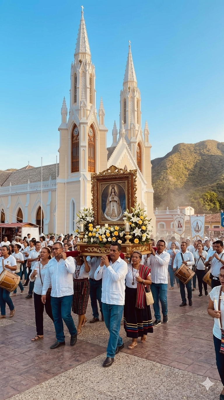 Imagen de la Virgen del Valle vestida con manto bordado durante la procesión del 8 de septiembre en el Valle del Espíritu Santo, Margarita