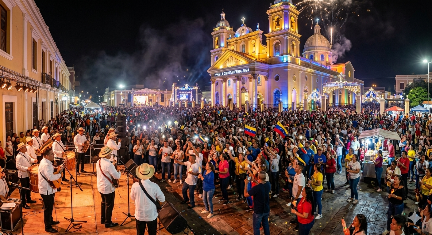 Basílica de Nuestra Señora de Chiquinquirá en Maracaibo iluminada durante la noche de la Feria de la Chinita con devotos y gaiteros